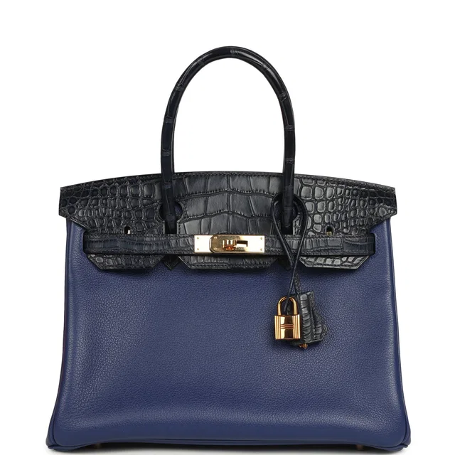 Hermès Birkin 30 Bleu Saphir Novillo, Bleu Marine Matte Alligator Touch Rose Gold Hardware in Navy Crocodile from Madison Avenue Couture