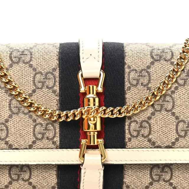 Gucci GG Supreme Monogram Textured Calfskin Web Jackie 1961 Chain Wallet Beige Ebony Mystic White in White Calfskin from FASHIONPHILE, photo 9 of 12