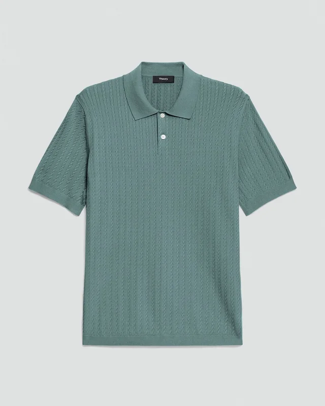 Theory Soris Cable-Knit Polo Shirt in Light Bilen in LIGHT PINE GROVE 62% Viscose, 38% Polyester; Exclusive Of Elastic, photo 6 of 12 from Theory