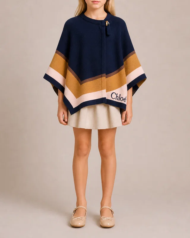 Chloé Kids Navy, Brown and Beige Cape with Logo Detail Size 8 years in Brown from Sellier