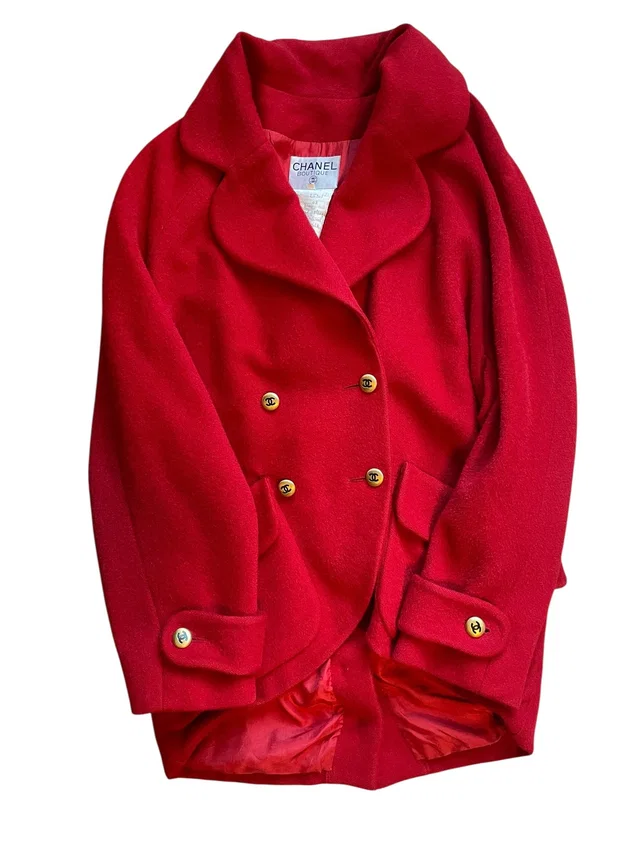 Chanel Red Coat Vintage with Gold CC Buttons in Red Silk from Luxury Promise