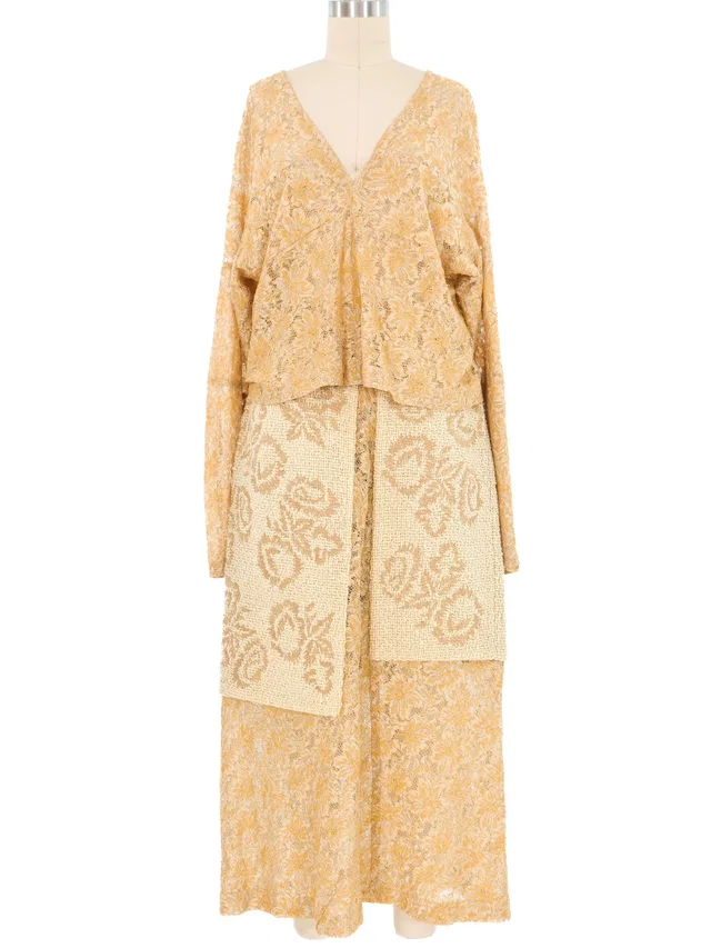 1997 Comme des Garcons Gold Lace Embroidered Ensemble in Gold from Arcade Vintage