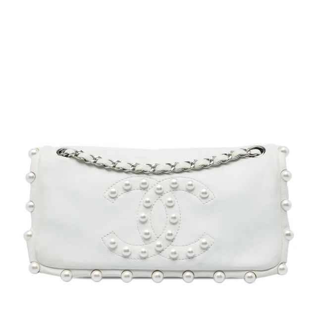 White Chanel Lambskin Pearl Obsession Flap Shoulder Bag in White Lambskin from Designer Revival