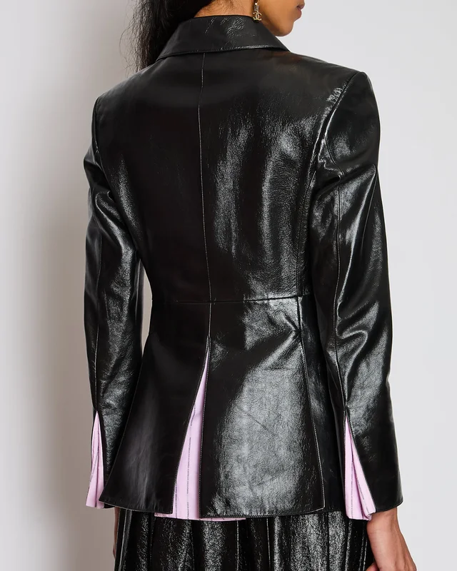 Chanel 23/P Black Leather Double Breasted Jacket with Logo Striped Lining Detail Size FR 36 (UK 8) in Black Leather from Sellier, photo 2 of 2