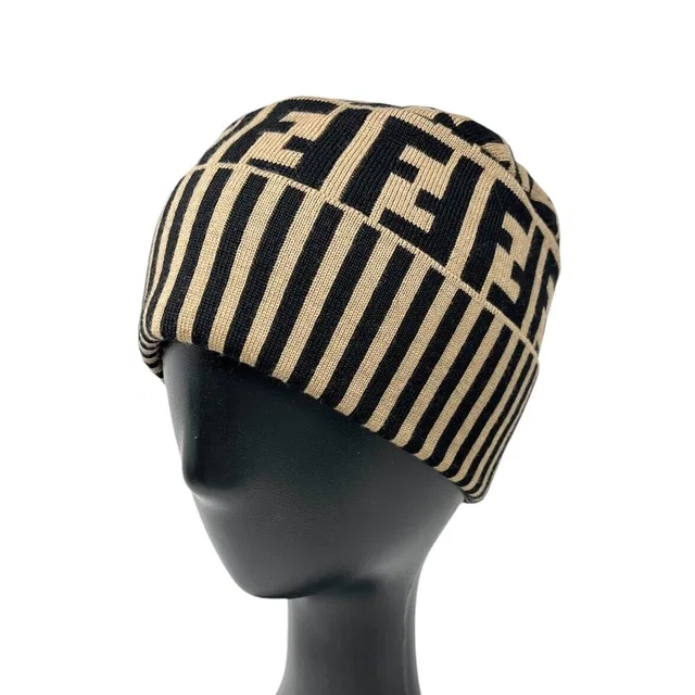 Fendi Vintage Zucca Monogram Knit Beanie #42 Cap Stripe Beige Black Wool in Black Wool from Luxury Promise