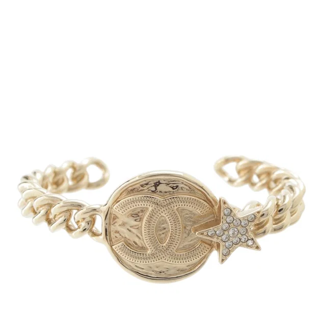 Gold Chanel CC Brass Strass Star and Coin Chain Cuff Bracelet in Gold from Designer Revival