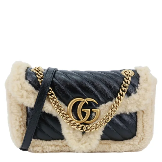 Gucci GG Marmont Medium Diagonal Wool Matelasse Calfskin Leather Shoulder Bag Black 443497 in Black Calfskin from Dallas Designer Handbags