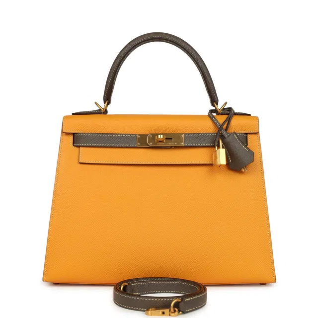 Hermès Special Order (HSS) Kelly Sellier 28 Jaune Ambre, Etoupe Epsom Brushed Gold Hardware in Taupe Epsom leather from Madison Avenue Couture