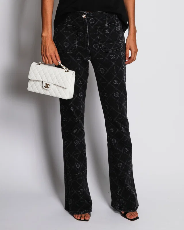 Chanel Metiers d'Art 2023 Grey Wide-Leg Jeans with CC Logo and Camellia Flower Print with Silver CC… in Grey from Sellier