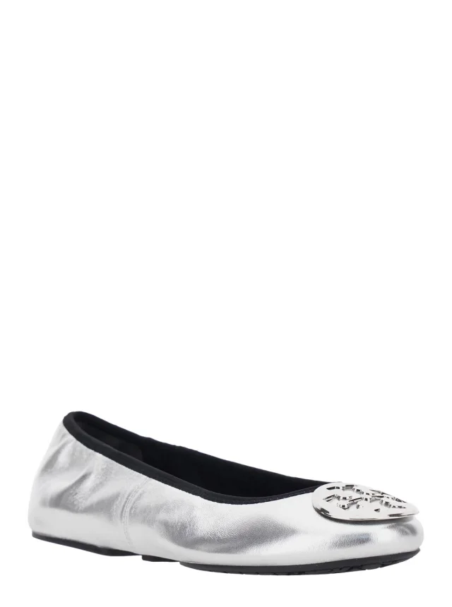 Tory burch Silver Ballet shoes with Logo Plate on the Front and Elasticized Design in Leather for Women in 95% Ovine 5% Nylon, photo 3 of 7 from Gaudenzi Boutique
