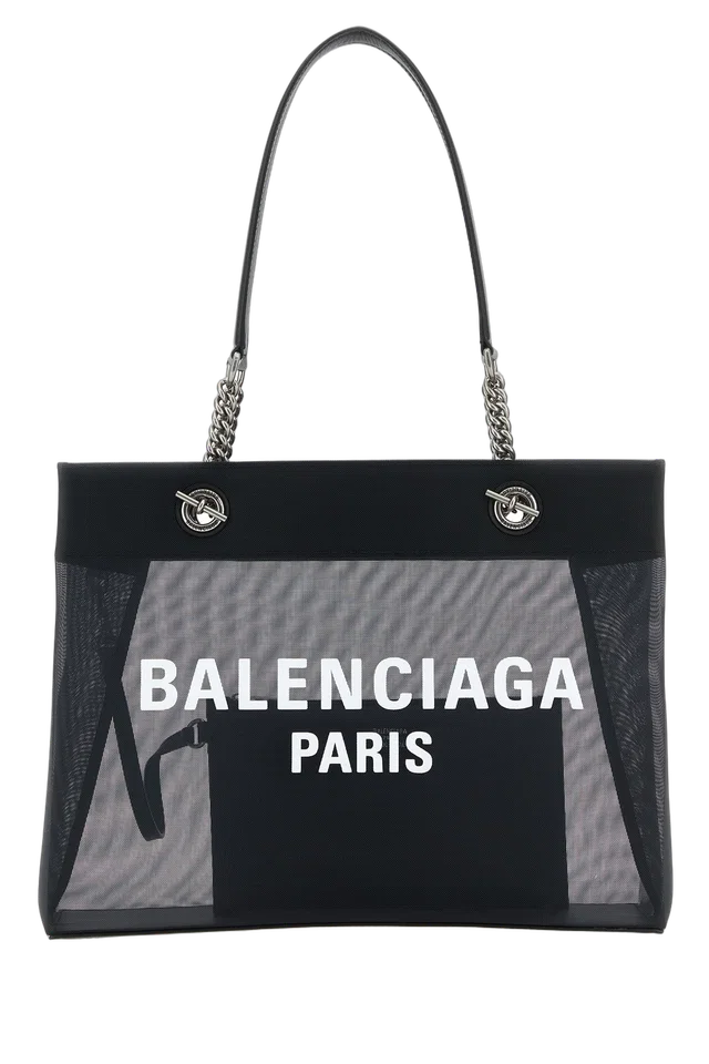 Balenciaga Logo-Print Mesh-Panel Shoulder Bag — Black Nylon in Black Nylon from HEWI