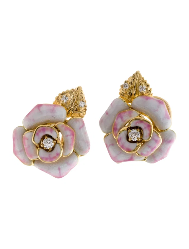 Mikimoto 18K Diamond & Enamel Princess Grace Flower Earclip Earrings in pink|white from The RealReal