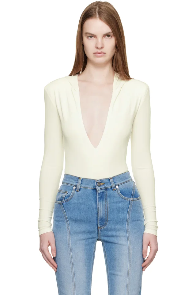 Mugler Off-White Hooded V-Neck Bodysuit from SSENSE, photo 1 of 1