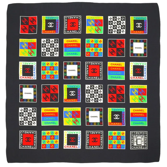 Chanel Vintage Scarf Cocomark Icon Pattern Black Multicolor Silk in Black Silk from Luxury Promise