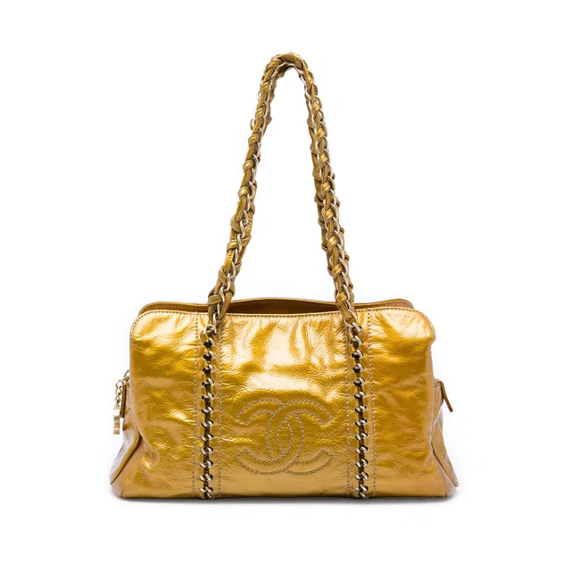 Gold Chanel Medium Crinkled Patent Luxe Ligne Tote in Gold Patent leather from Designer Revival