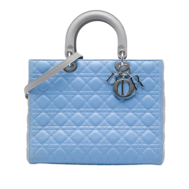 Blue Dior Large Bicolor Lambskin Cannage Lady Dior Satchel in Blue Lambskin from Designer Revival