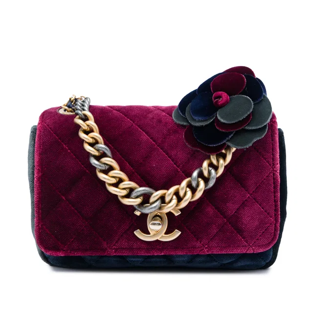 Red Chanel Paris Cosmopolite Small Tricolor Quilted Velvet Private Affair Camellia Flap Satchel in Red Velvet from Designer Revival