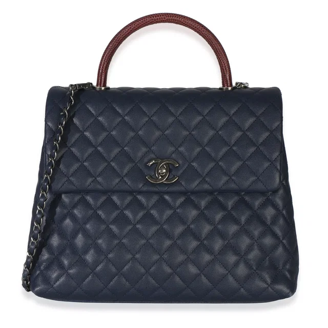 Chanel Navy Quilted Caviar Lizard Large Coco Top Handle Bag Blue Exotic; Leather Handbag in Navy Caviar leather from HEWI