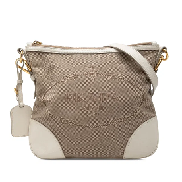 Beige Prada Canvas Canapa Logo Crossbody in Beige Canvas from Designer Revival