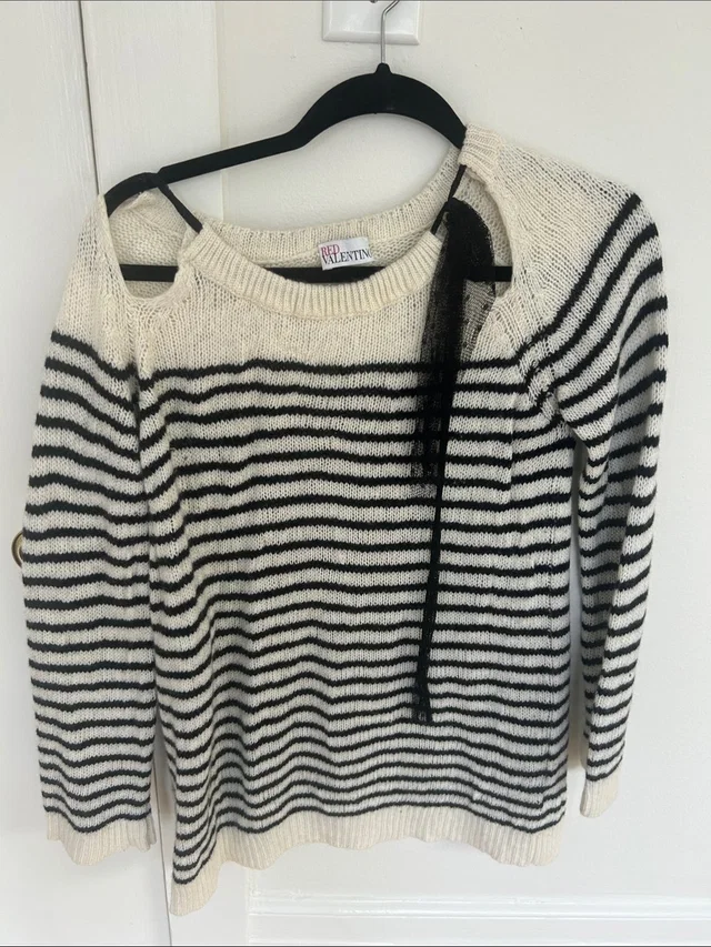 REDValentino Cream And Black Striped Off-Shoulder Sweater in black|white from Poshmark