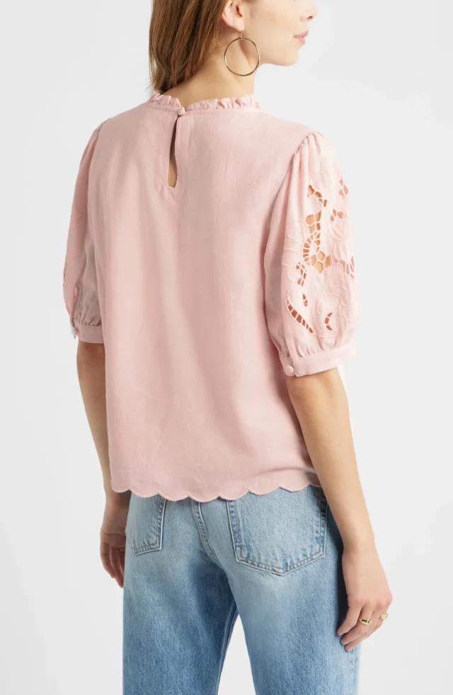 Treasure & Bond Embroidered Cutwork Puff Sleeve Linen Blend Top in Pink, photo 3 of 7 from Nordstrom Rack