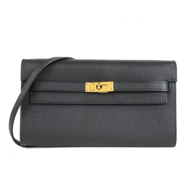 Hermès Kelly Wallet Long to Go Black Gold Epsom Shoulder Bag in Black Epsom leather from The Reluxe