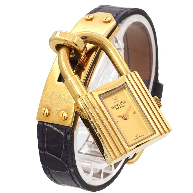 Kelly Watch, Women's Watch, Gold and Blue Quartz Watch, with Padlock, Hermes Kelly Watch in Blue Crocodile from Luxury Promise