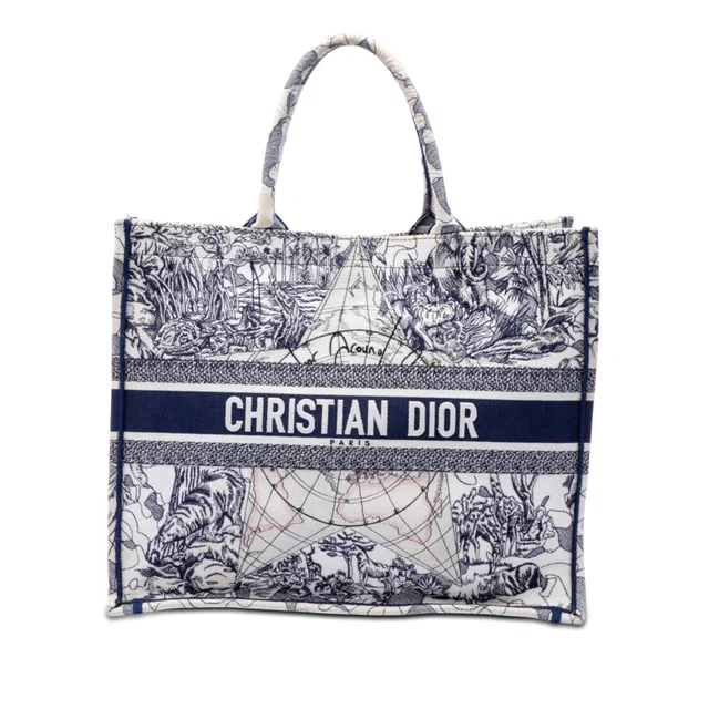White Dior Large Canvas Embroidered Around The World Book Tote in White Canvas from Designer Revival