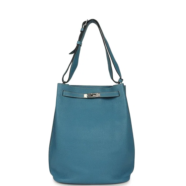 Hermès So Kelly 26 Blue Jean Clemence Palladium Hardware in Blue Clemence leather from Madison Avenue Couture