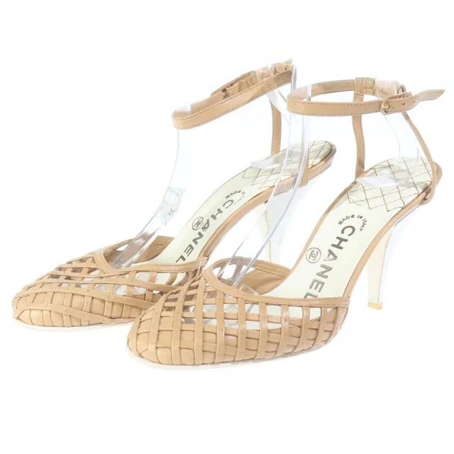 Chanel CC Logo Leather Ankle Strap Mesh Pumps Sandals Shoes Beige in Beige Leather from The Reluxe