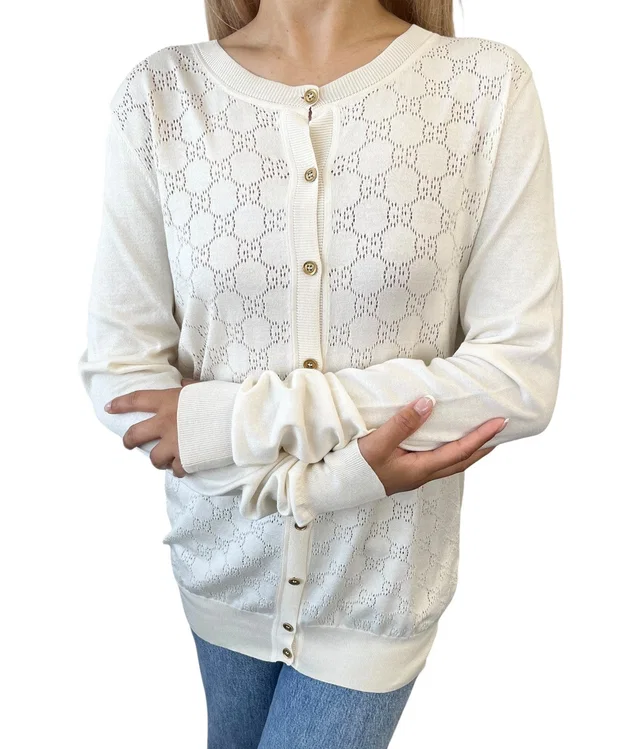 Gucci Vintage Cardigan Sweater Top #L Punching Cream Gold Silk Cotton Nylon in White Nylon from Luxury Promise