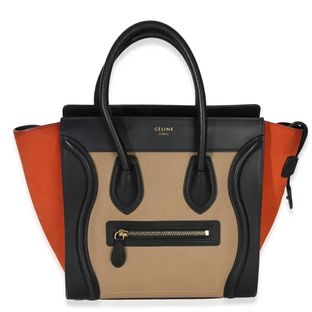 Celine Beige Multicolor Drummed Calfskin Nubuck Nano Luggage Tote Beige; Black Leather Handbag in Black Calfskin from HEWI
