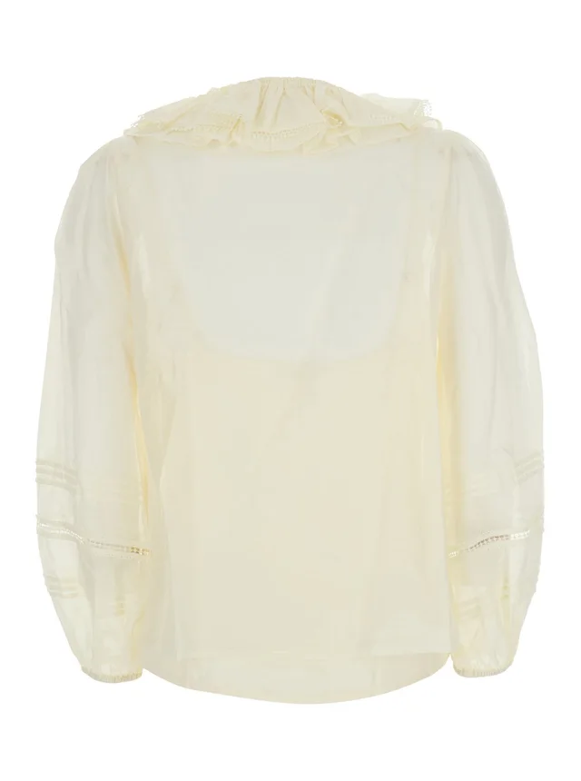 DREAM CATCHER 'Aria' White Blouse with V-neck and Ruffles on the Front in Fabric for Women in White, photo 4 of 6 from Gaudenzi Boutique