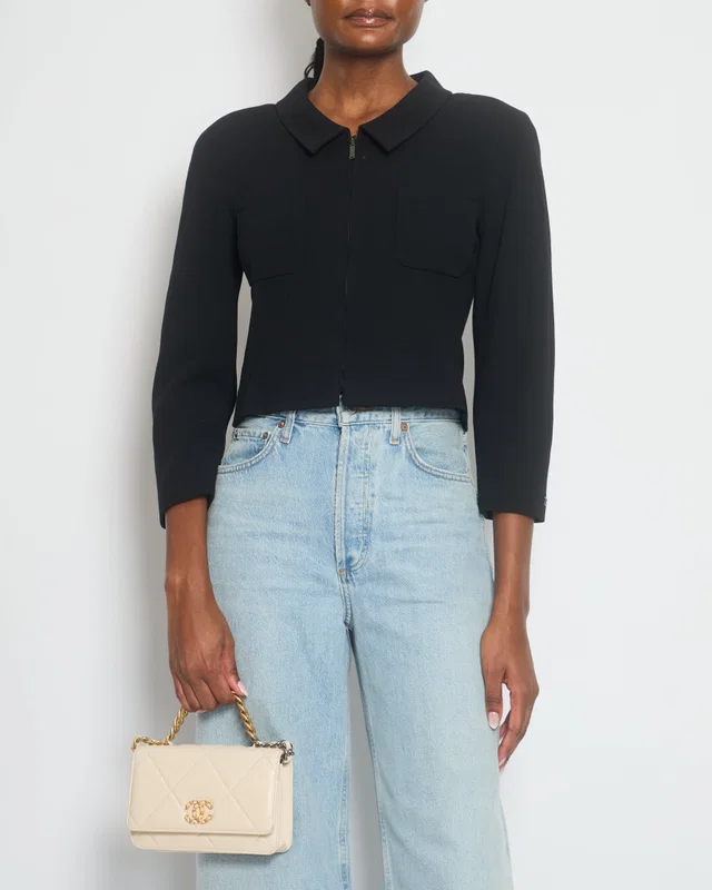 Chanel 99/P Black Cropped Jacket with Pocket Detail FR 36 (UK 8) in Black Silk from Sellier