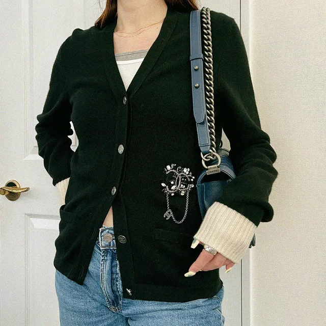 Chanel 2006 Cashmere Bijou CC Mark Button Cardigan #38 Black in Black Cashmere from VINTAGE QOO TOKYO