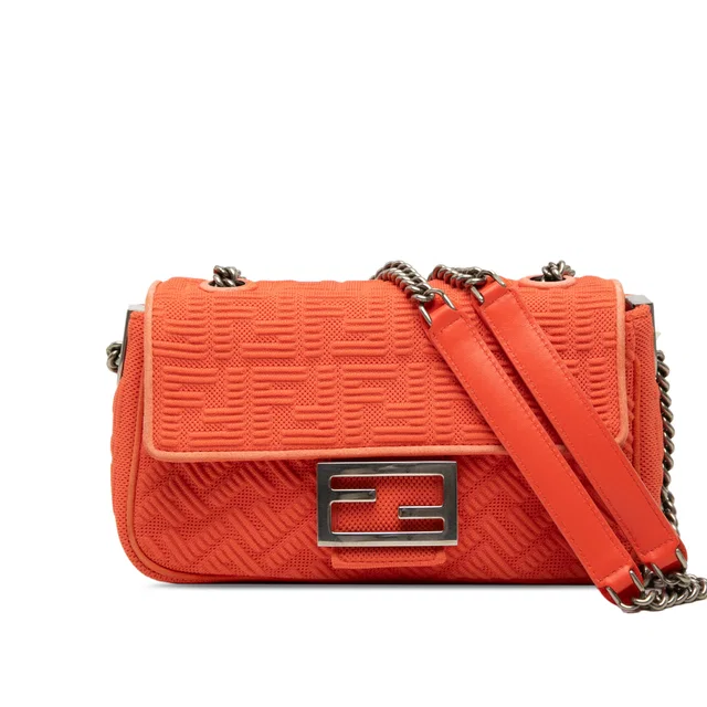 Orange Fendi Zucca Embossed Technical Fabric Chain Midi Baguette Shoulder Bag in Orange Nylon from Designer Revival