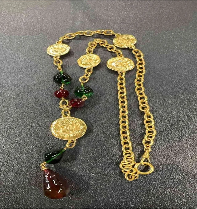 Chanel Red and Green Glass Gold Coin Necklace in Red from Luxury Promise