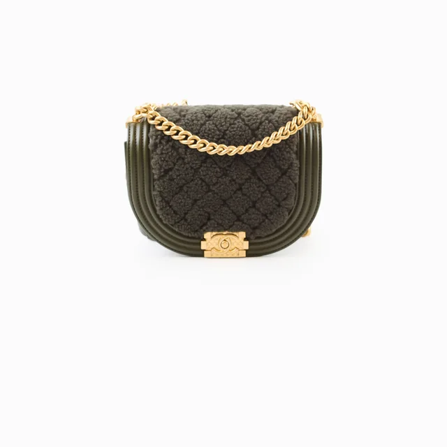 Chanel Small Boy Messenger Quilted Shearling Bag Khaki Microchip in Green Leather from The Purse Affair