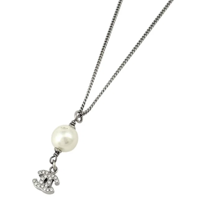 Chanel Necklace CC Logo Faux Pearl Silver Plated Rhinestone in Silver from The Reluxe
