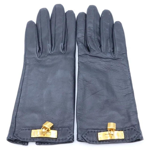 Hermès Kelly Decorative Leather Gloves Gold Black in Black Leather from The Reluxe
