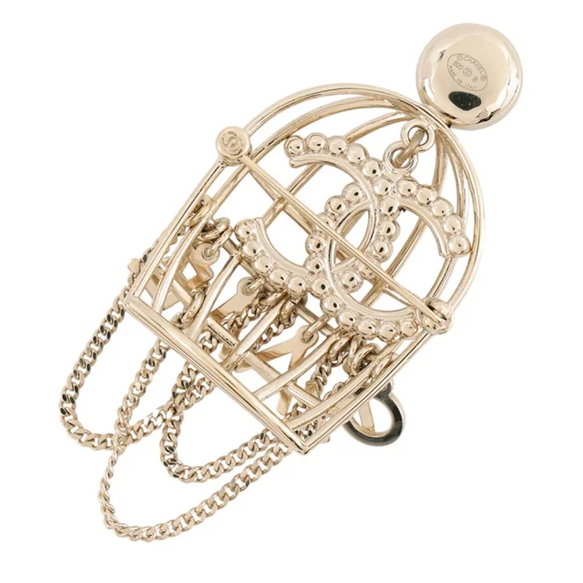 Chanel CC Logo Birdcage Motif Brooch Gold Metal Faux Pearl Rhinestone in Gold from GALLERY RARE, photo 4 of 12