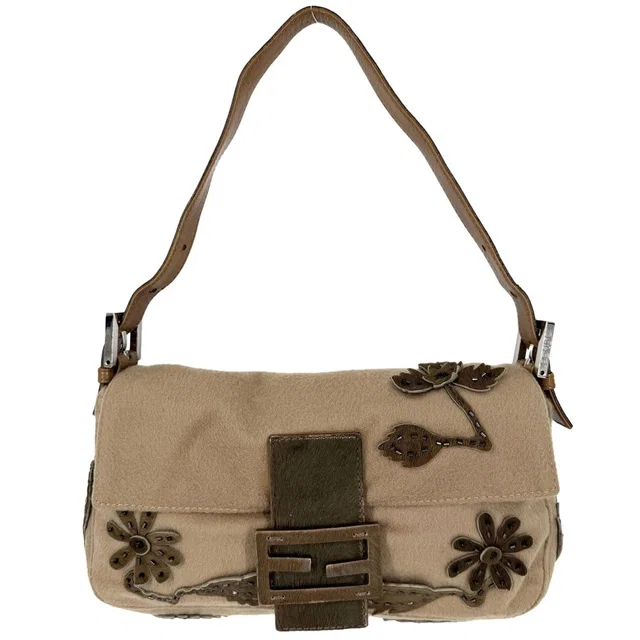 Fendi Handbag Flower Motif Mamma Bucket Shoulder Bag Wool Calf Hair Beads Brown in Brown Wool from The Reluxe