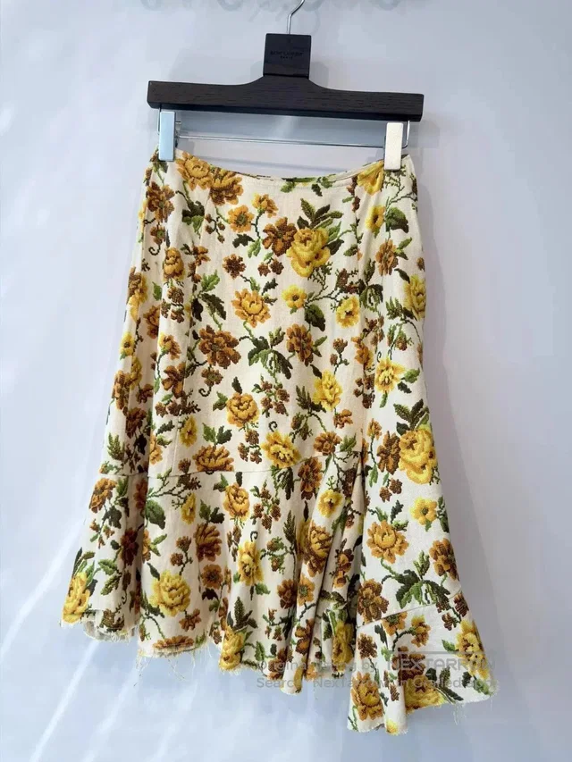 Comme des Garçons Asymmetric Linen Skirt Cross-Stitch Floral Vintage/, Women's (Size 27) in multicolor from Grailed