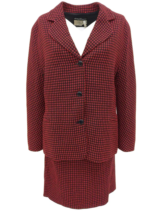 Ferragamo Wool Check Pattern Set-up #46 Red/Black in Black Wool from VINTAGE QOO TOKYO
