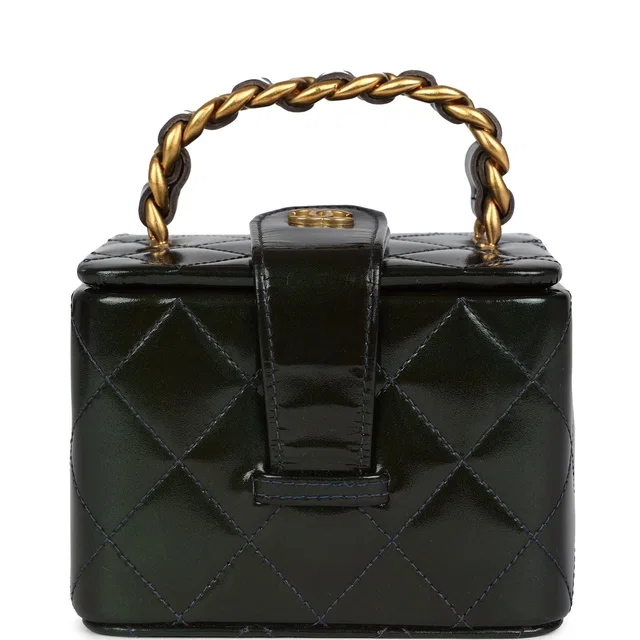 Chanel Vintage Mini Square Vanity Green Patent Antique Gold Hardware in Green Patent leather from Madison Avenue Couture