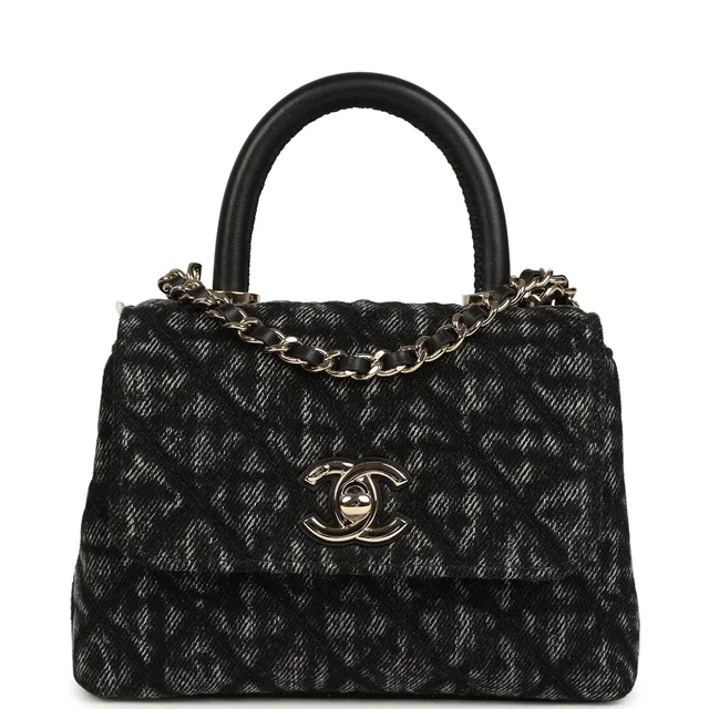 Chanel Nano Coco Top Handle Flap Bag Black Washed Denim Light Gold Hardware in Black Denim from Madison Avenue Couture