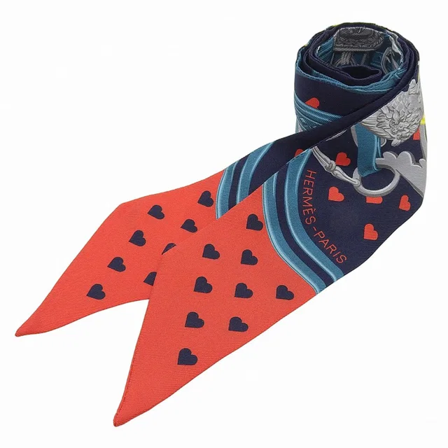 Hermès Brides de Gala Heart Pattern Twilly Red/Navy/Green in Red Silk from VINTAGE QOO TOKYO