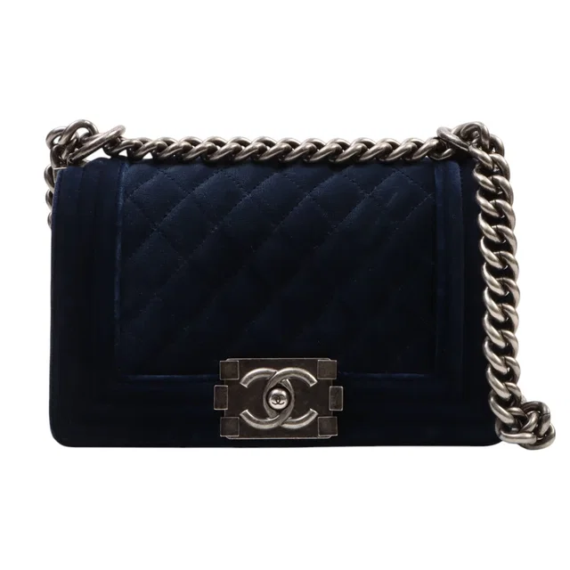 Circa 2014 Velvet Boy Chanel Chain Shoulder Bag Navy in Navy Velvet from VINTAGE QOO TOKYO