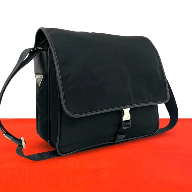 Prada Triangle Logo Tessuto Pocono Nylon Saffiano Leather Shoulder Bag Black in Black Saffiano leather from The Reluxe