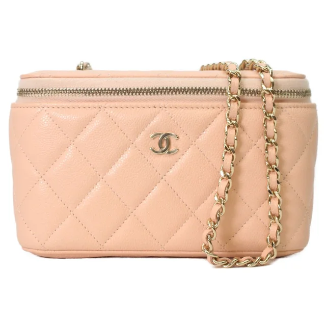 Chanel Pink Beige Caviar Gold Chain Vanity Bag in Beige Caviar leather from The Reluxe
